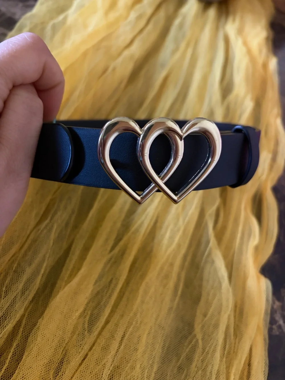 H&M Girls Black Belt with Double Gold Heart Buckle